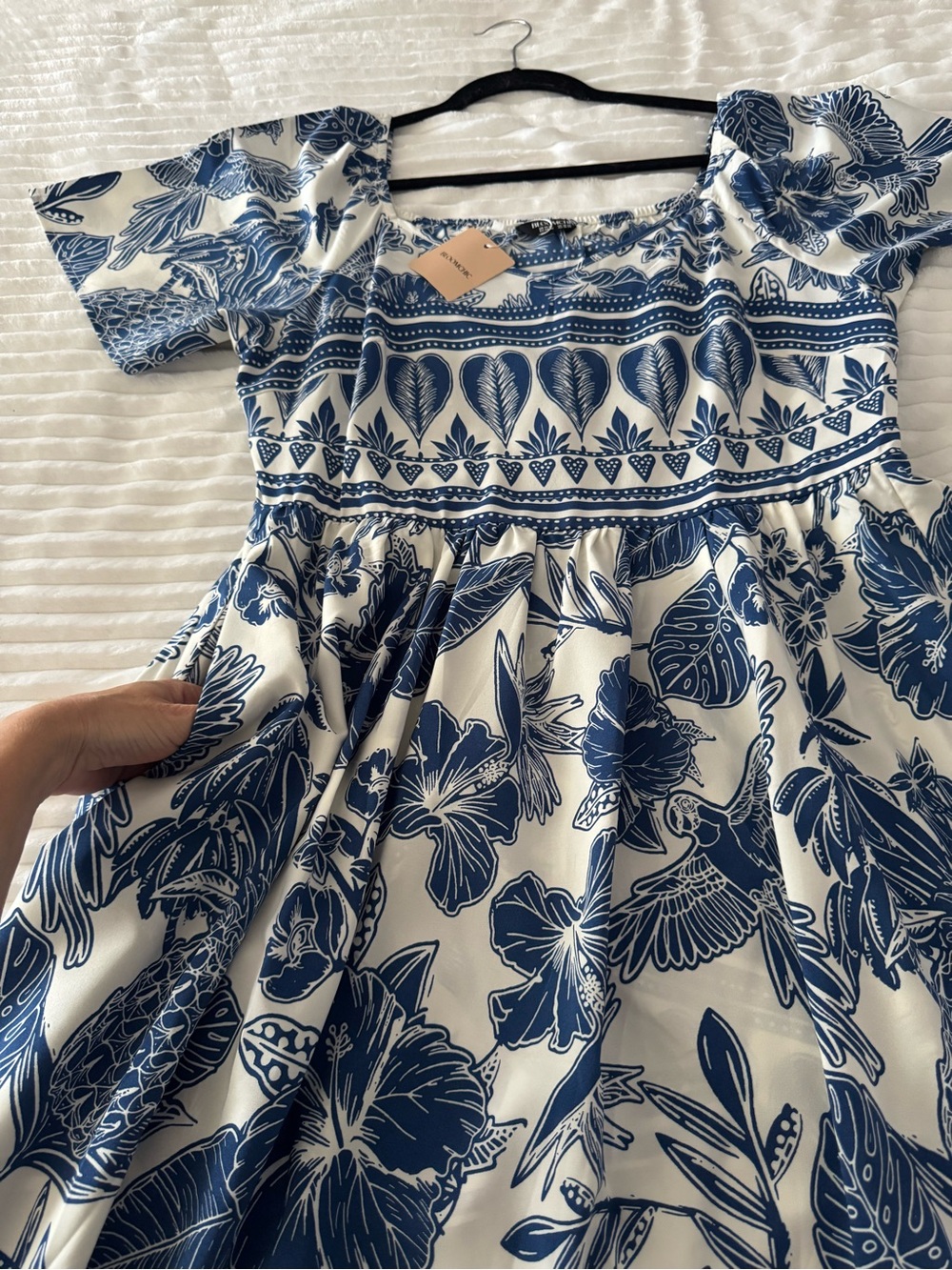 Women’s Tropical Blue and White Floral Fit-and-Flare Dress (With Pockets!) - Picture 2 of 7